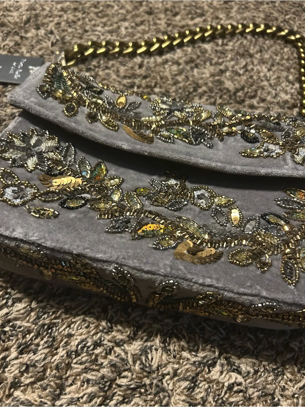 Hand Beaded Gray Velvet Shoulder Bag with Gold Chain